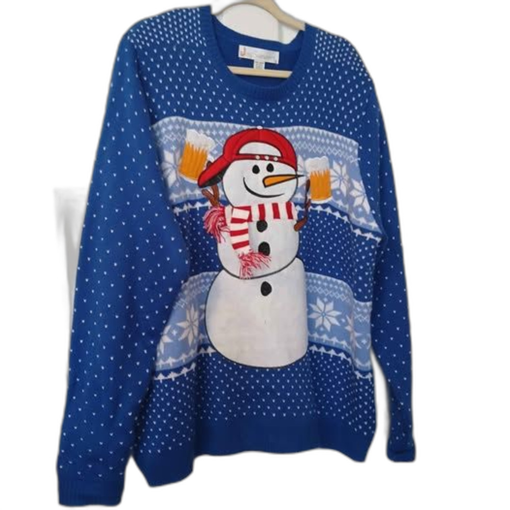 blue Jolly Sweaters brand "Beer Me" ugly Christmas sweater showcasing a snowman